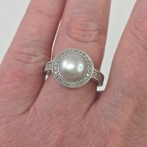 Ross Simons EA Sterling Silver Cultured Pearl w/Genuine Diamonds‎ Sz 8 6.2g